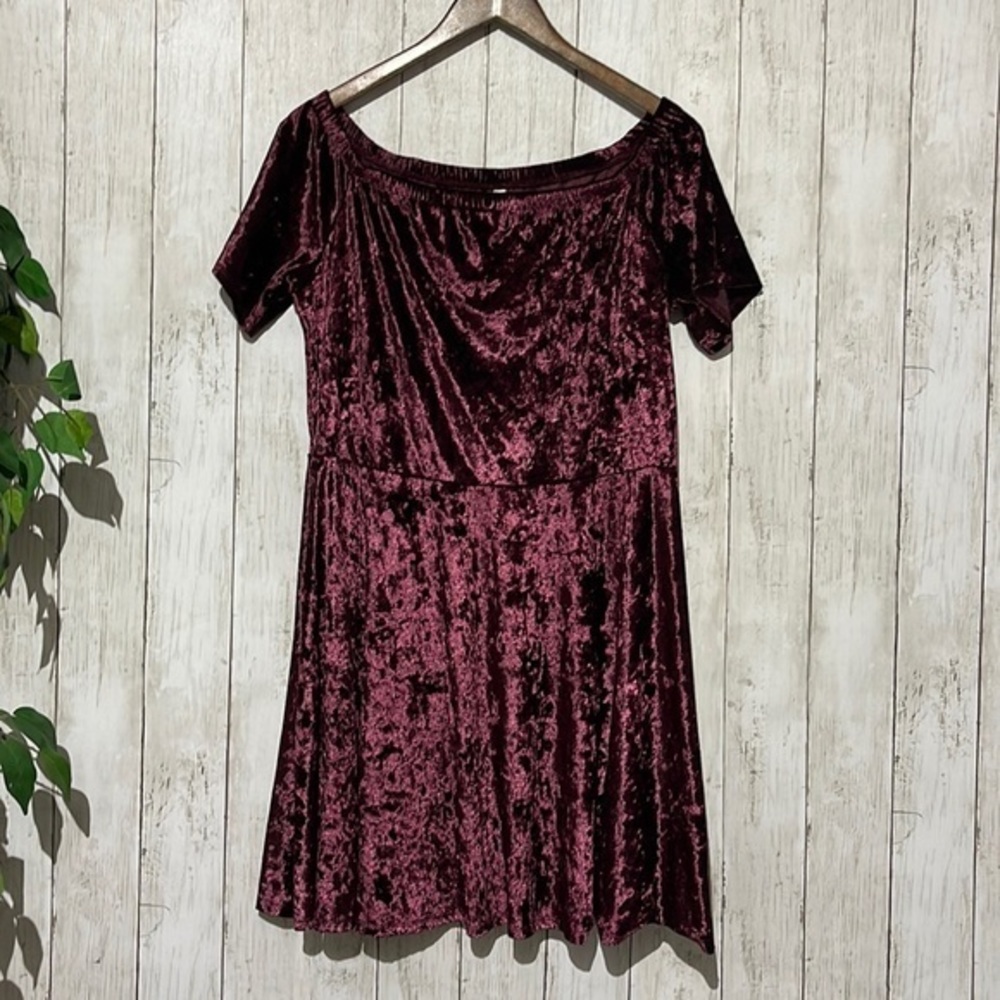 Xhilaration XL Skater Dress Women Burgundy Excellent Crushed Velvet Off Shoulder